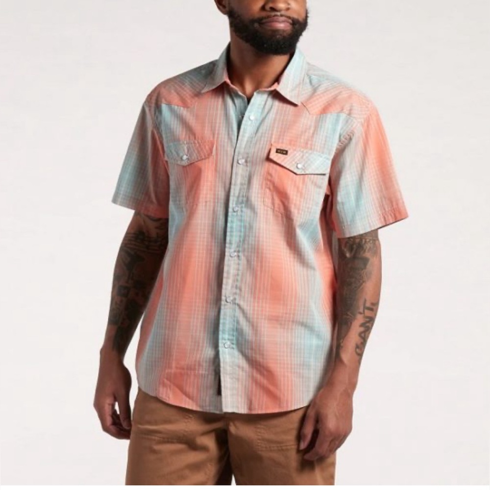HOWLER BROTHERS Small H Bar B Snapshirt Robert’s Plaid Coral Shirt Orig $75